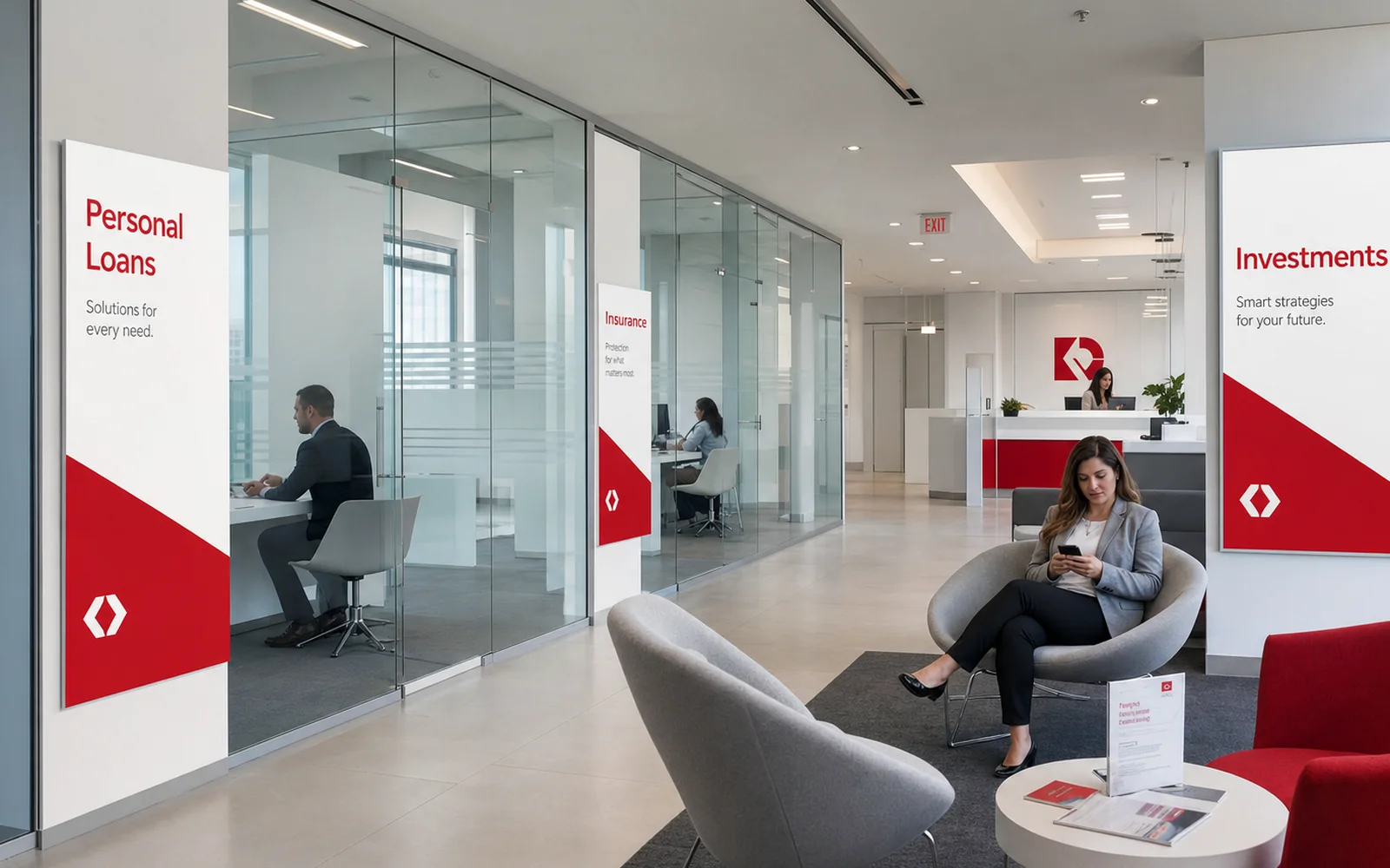 Bank branch private offices with switchable privacy glass for loans, insurance and investment conversations