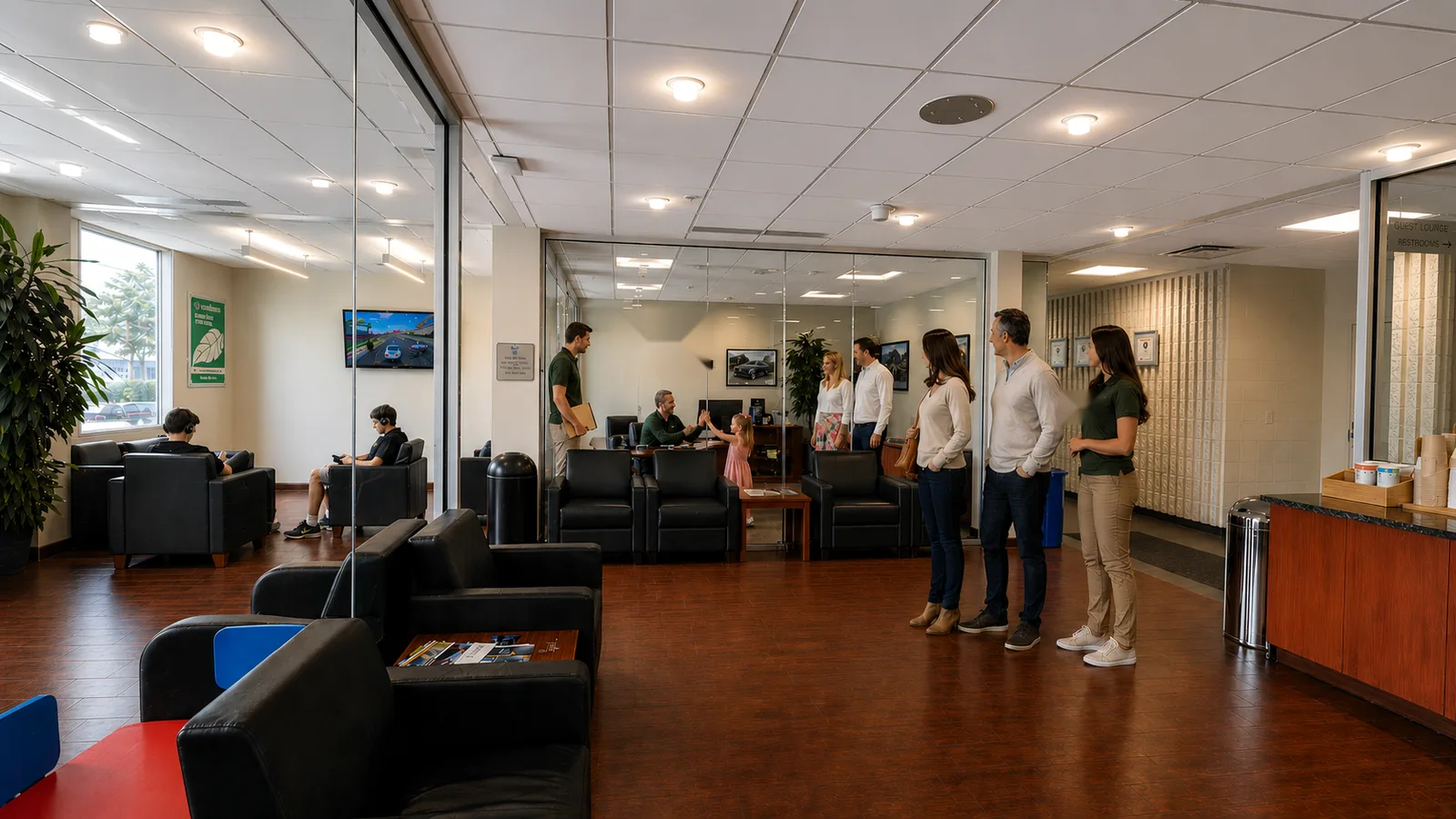 Car dealership customer lounge changing from clear glass to privacy glass for visual control