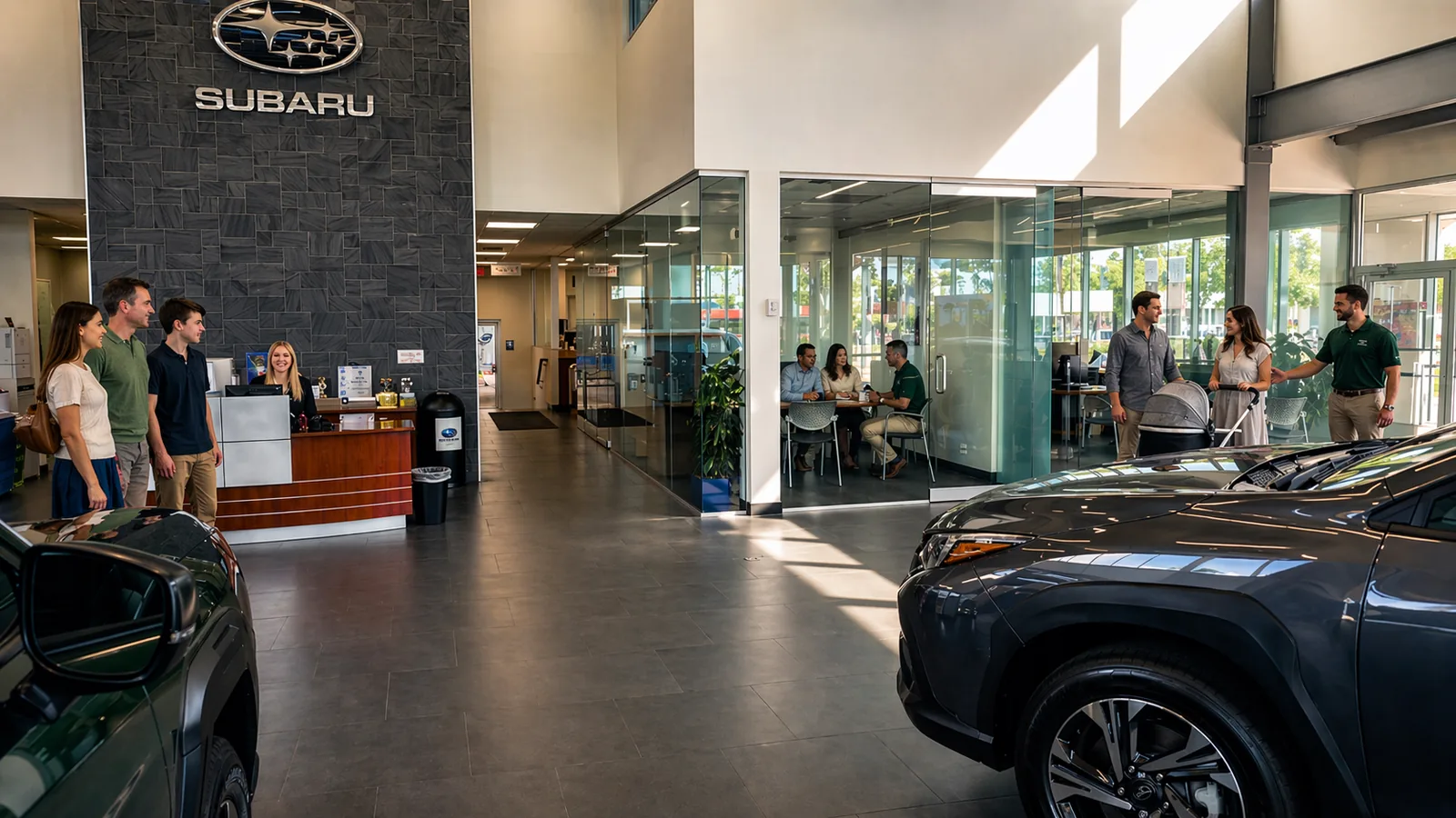 Car dealership showroom floor and glass offices changing from clear glass to privacy glass for customer conversations