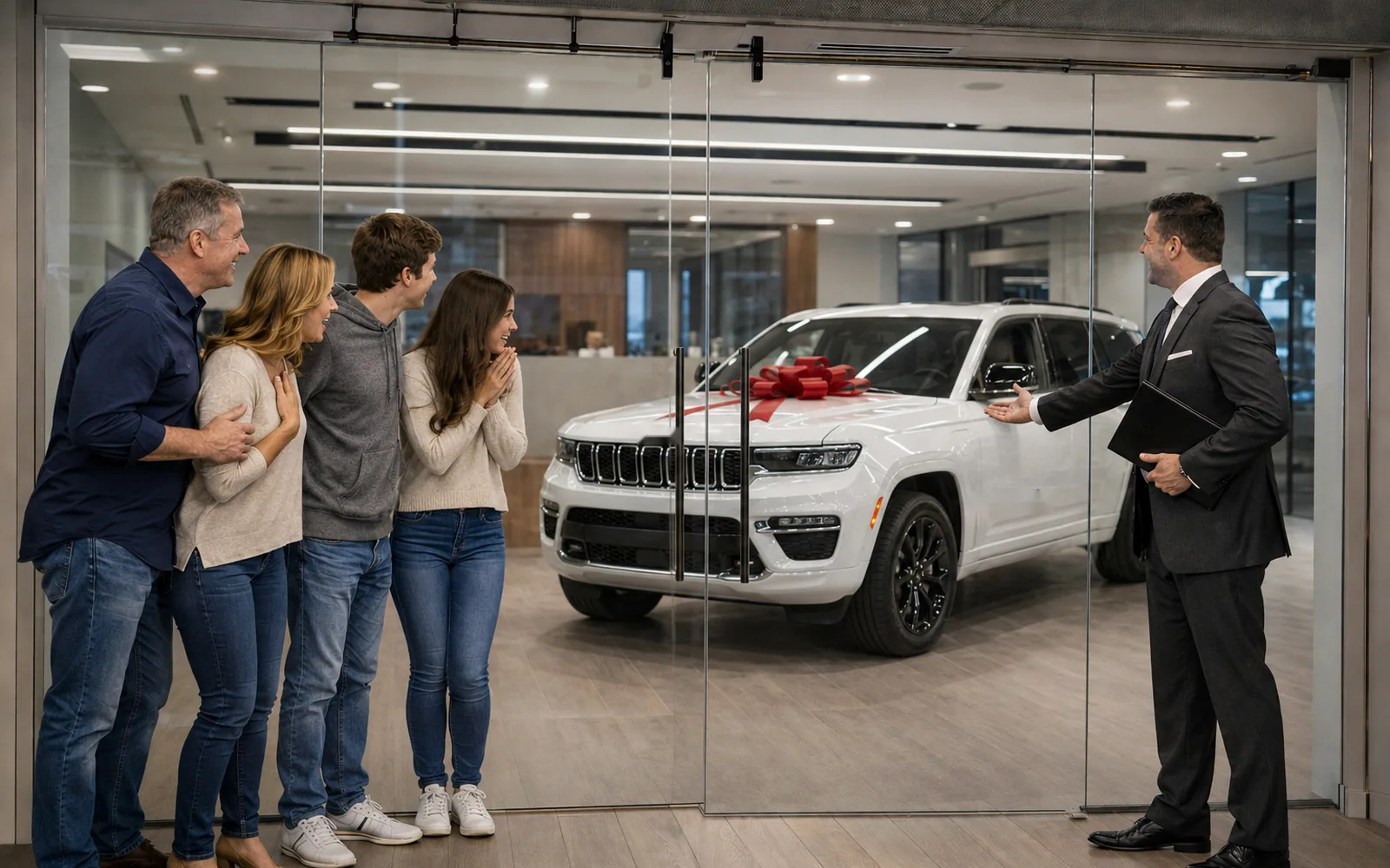 Premium dealership vehicle delivery room changing from clear glass to private switchable glass