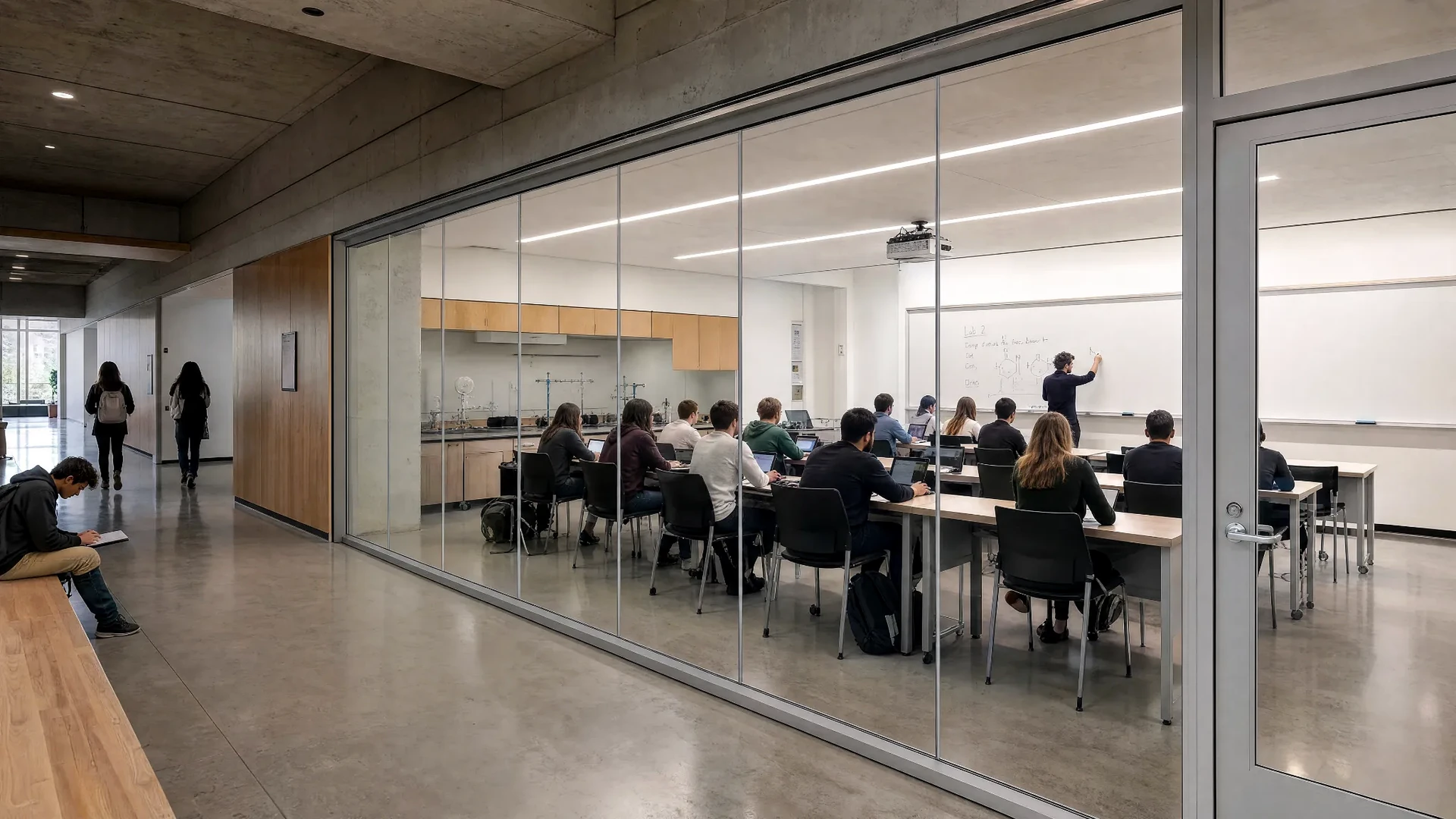 Group classroom with smart glass changing from open visibility to privacy mode for student learning