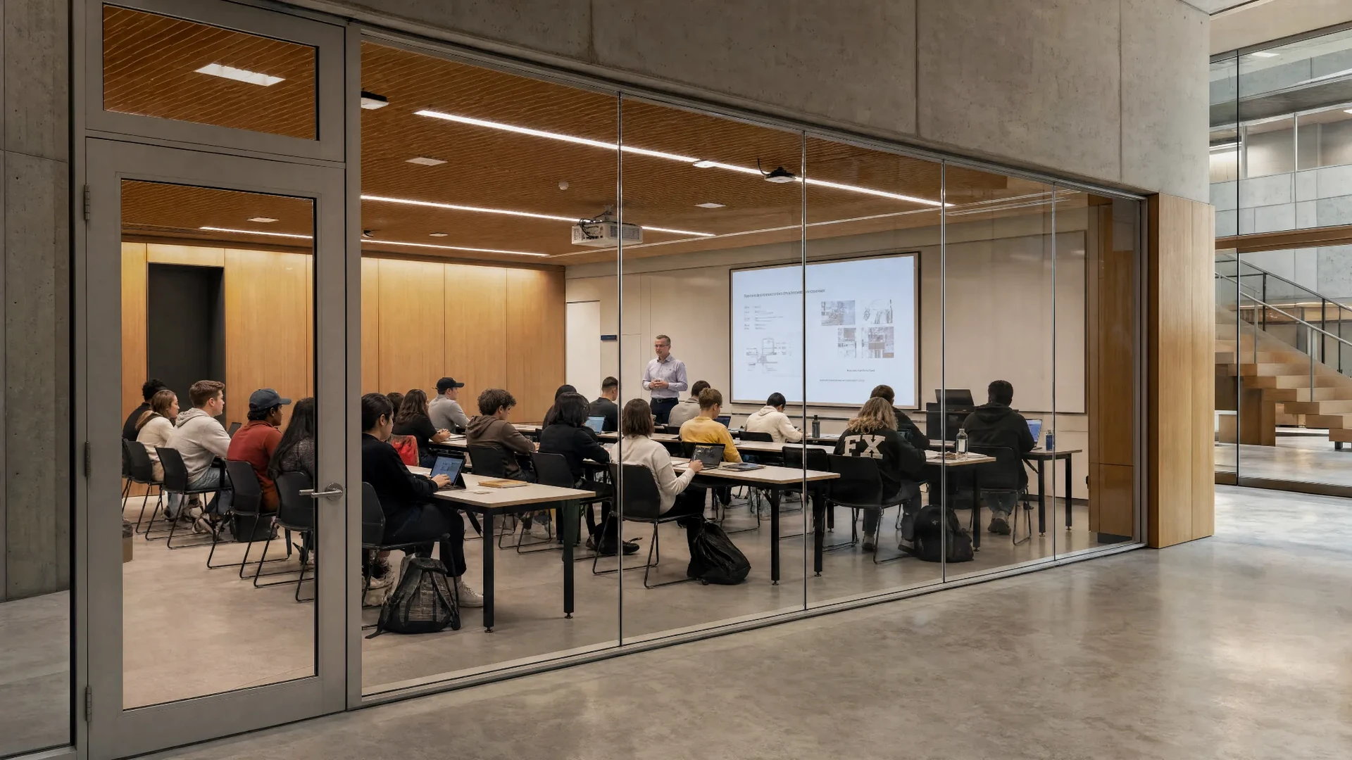 Smart glass university training room changing from clear glass to privacy glass for flexible academic spaces