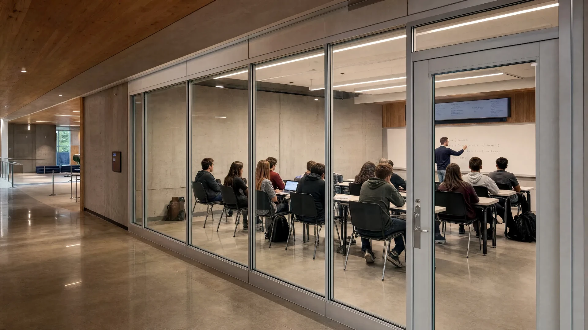 University classroom glass wall changing from transparent glass to private switchable glass for education privacy