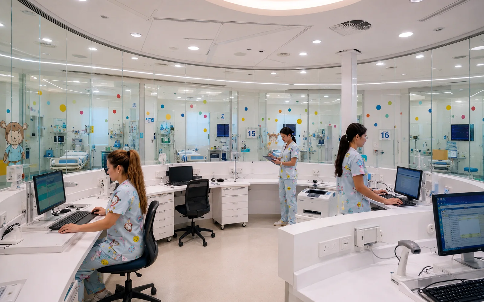 Switchable privacy glass in a healthcare nurse station changing from clear to private for clinical discretion