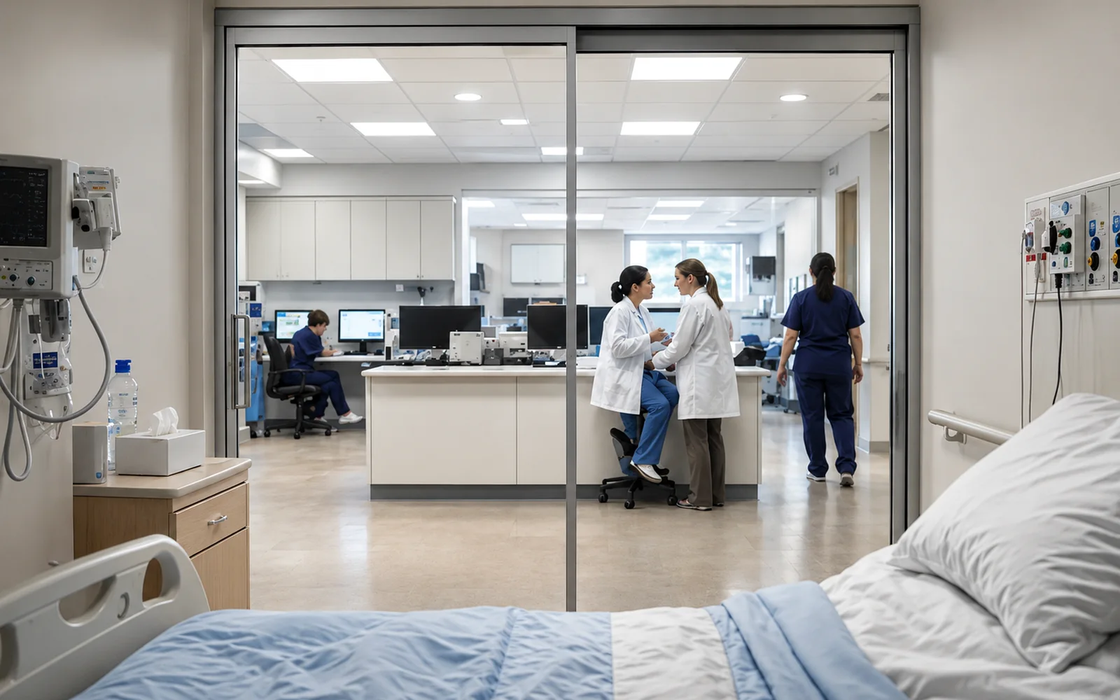 Smart glass patient room changing from clear to private for hospital treatment privacy