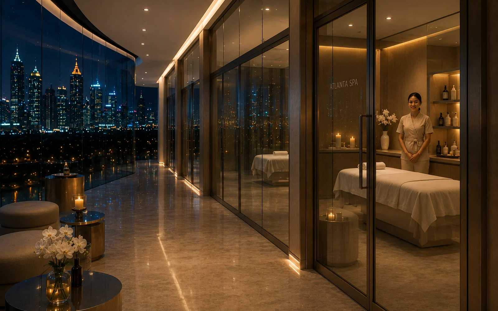 Smart glass hotel spa changing from clear to private for premium hospitality privacy