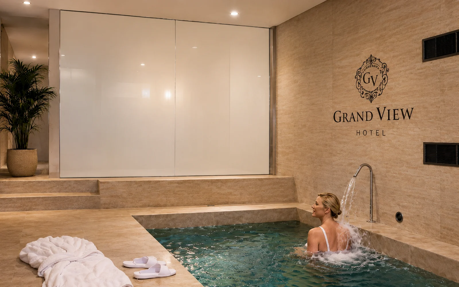 Smart glass privacy wall in a hotel wellness area with spa and pool privacy