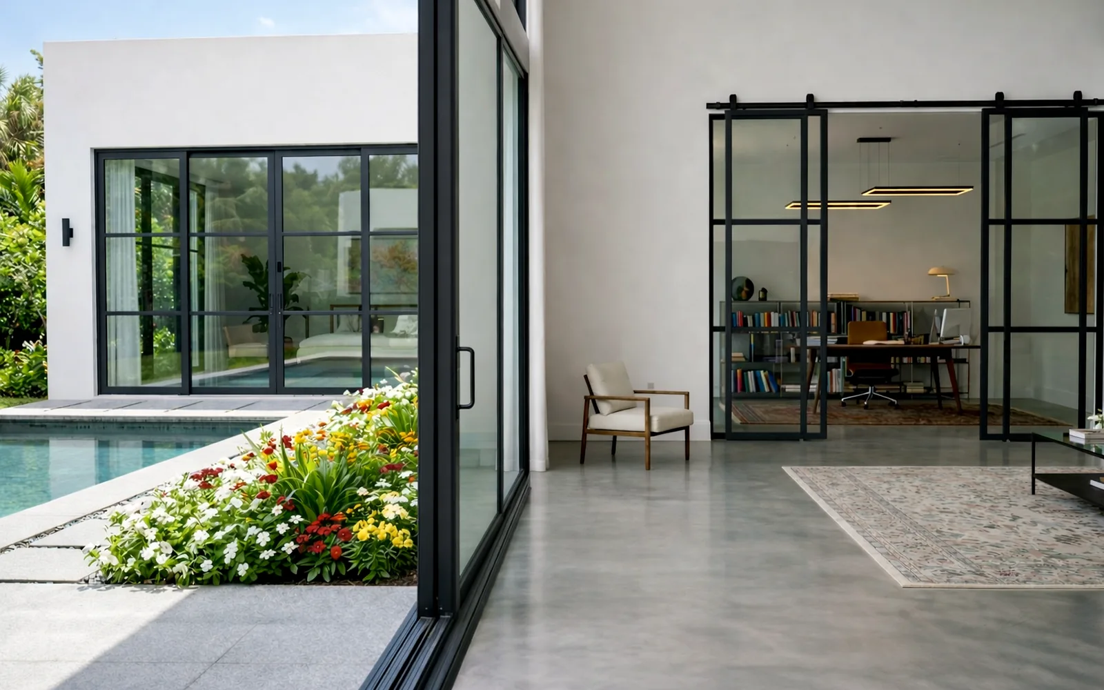 Smart glass home office changing from clear to private for residential work privacy