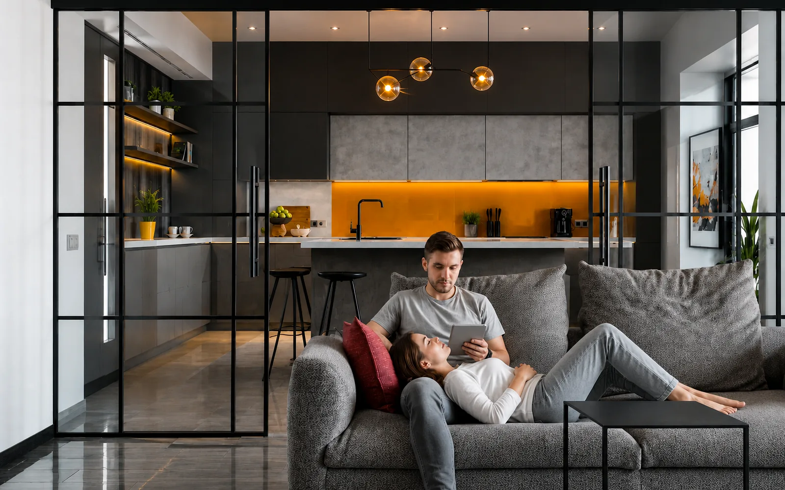 Switchable glass interior partition in a luxury home changing from clear to private for family privacy