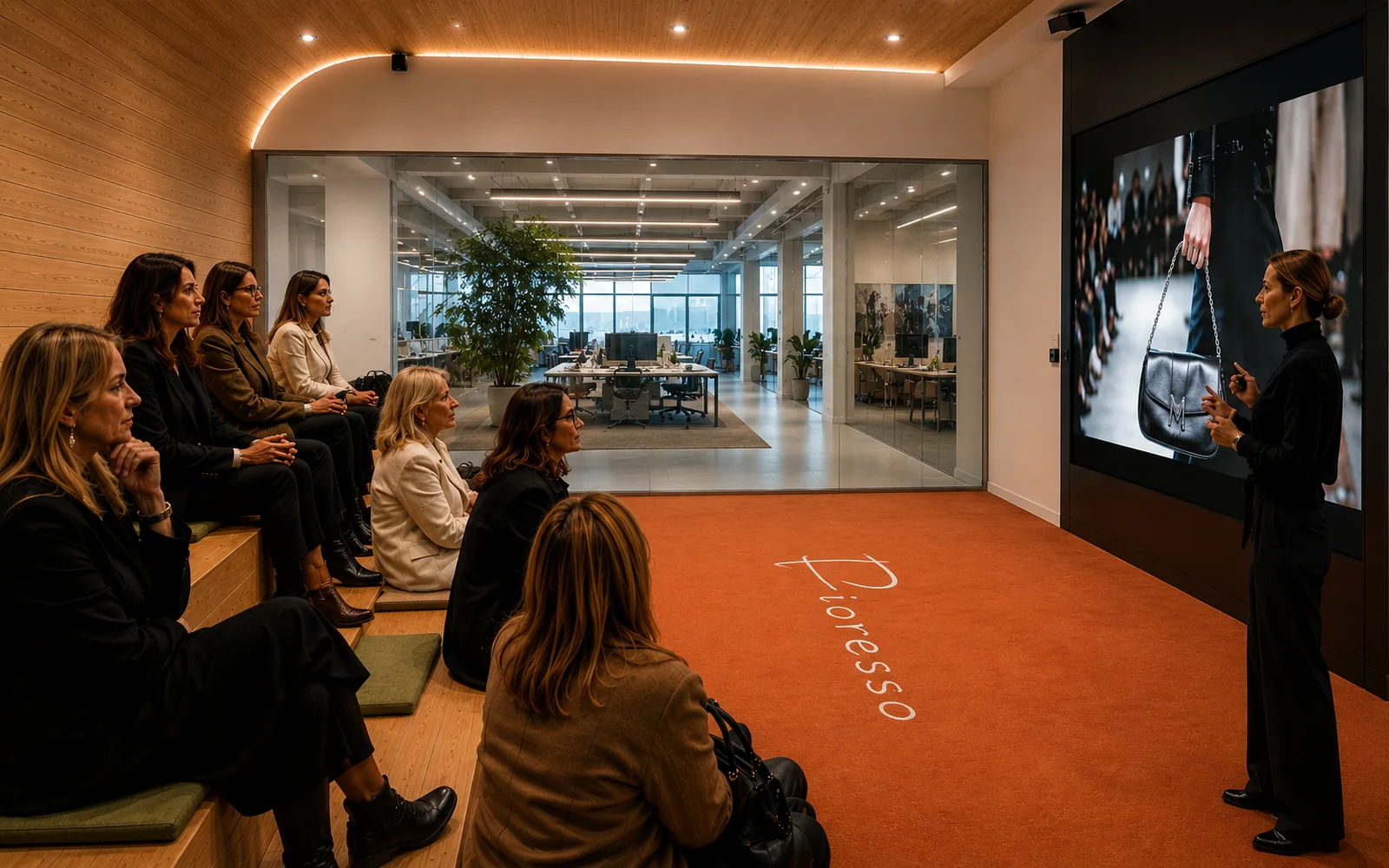 Smart glass presentation room changing from clear to private for office meeting privacy