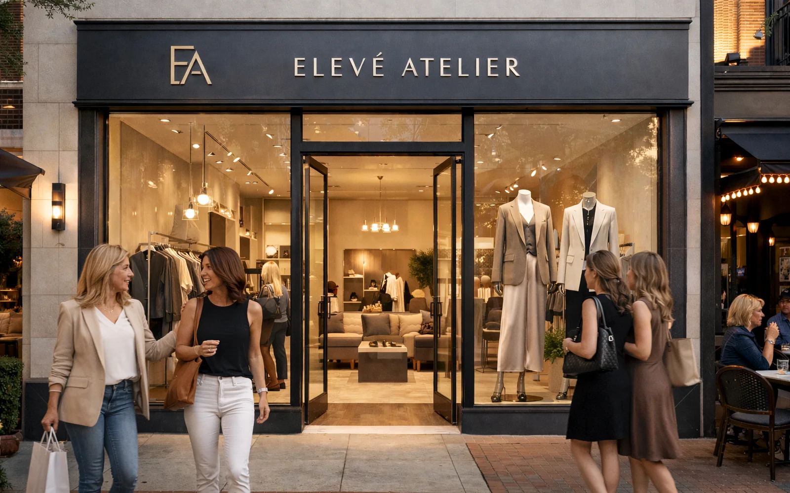 Luxury boutique storefront glass changing from clear retail display to projection campaign window