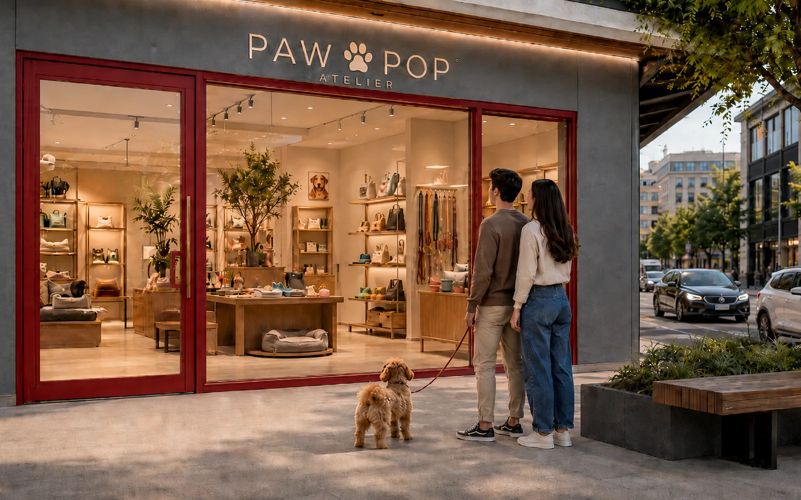 Pet accessories storefront glass changing from clear retail window to projected storefront campaign