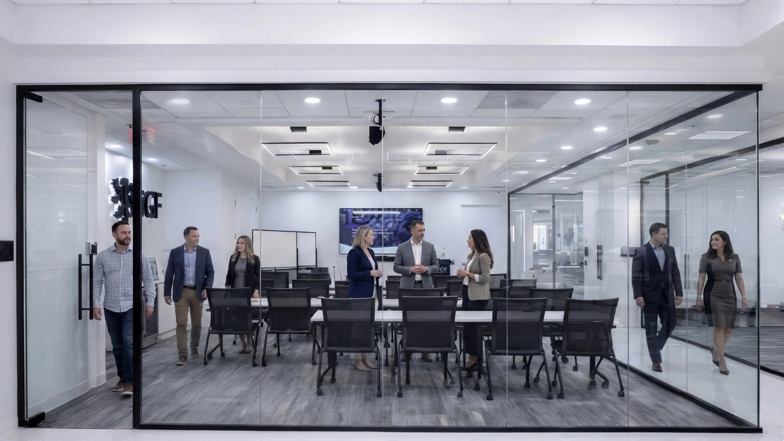Business meeting room with clear smart glass in Atlanta
