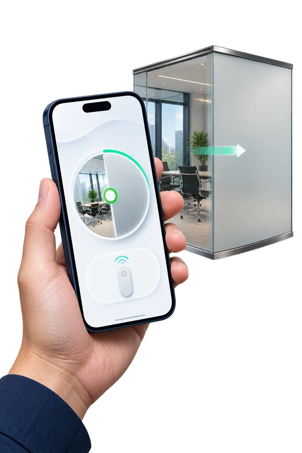 Smartphone controlling the clear and private states of an office glass wall