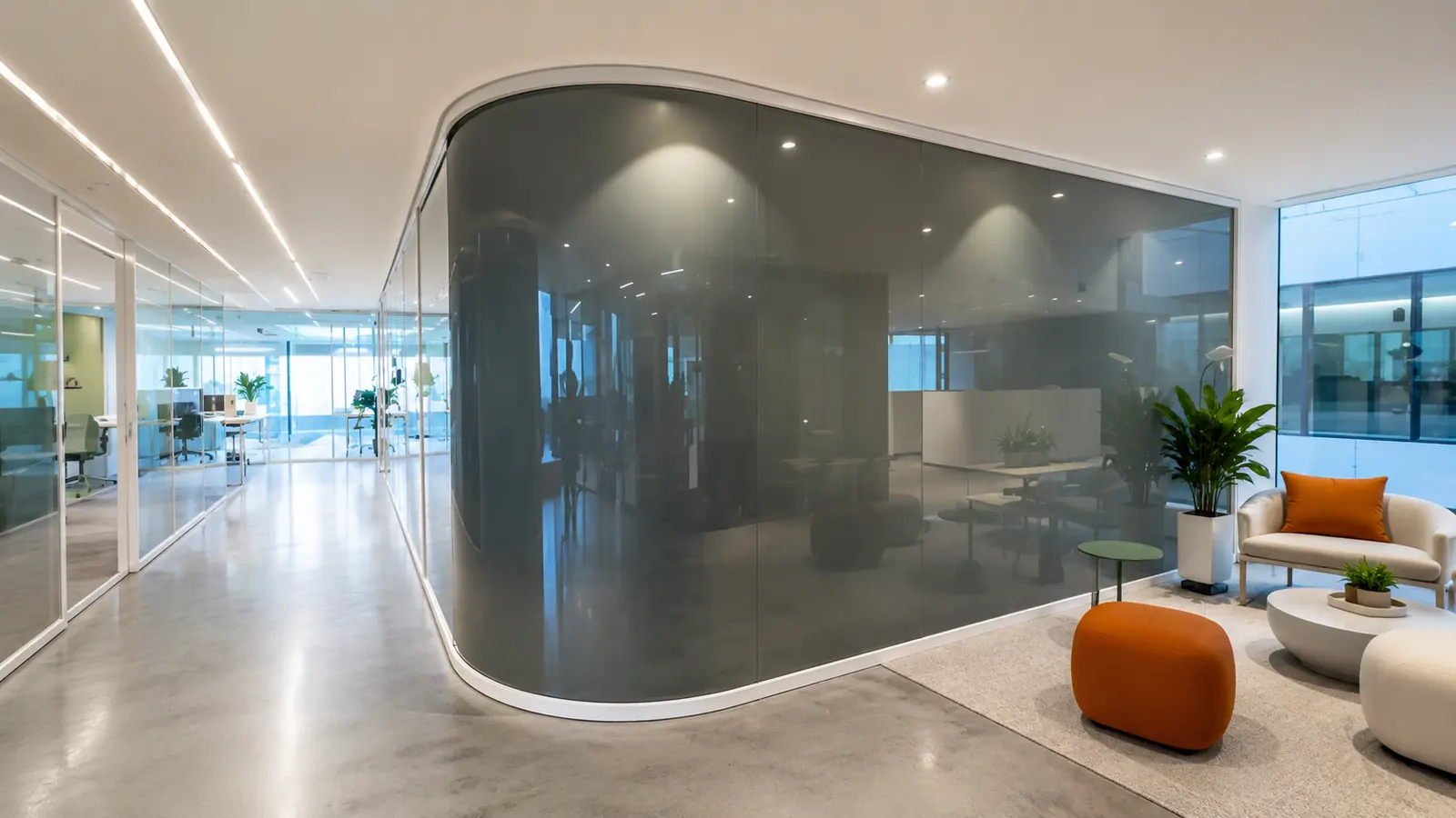 Curved meeting pod with a dark privacy treatment
