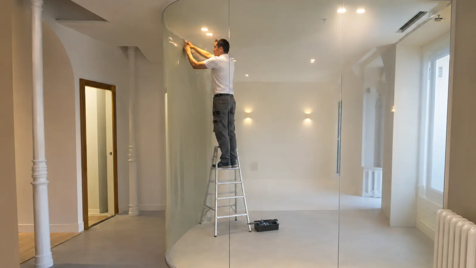 Installer applying privacy film to the upper area of a curved glass enclosure