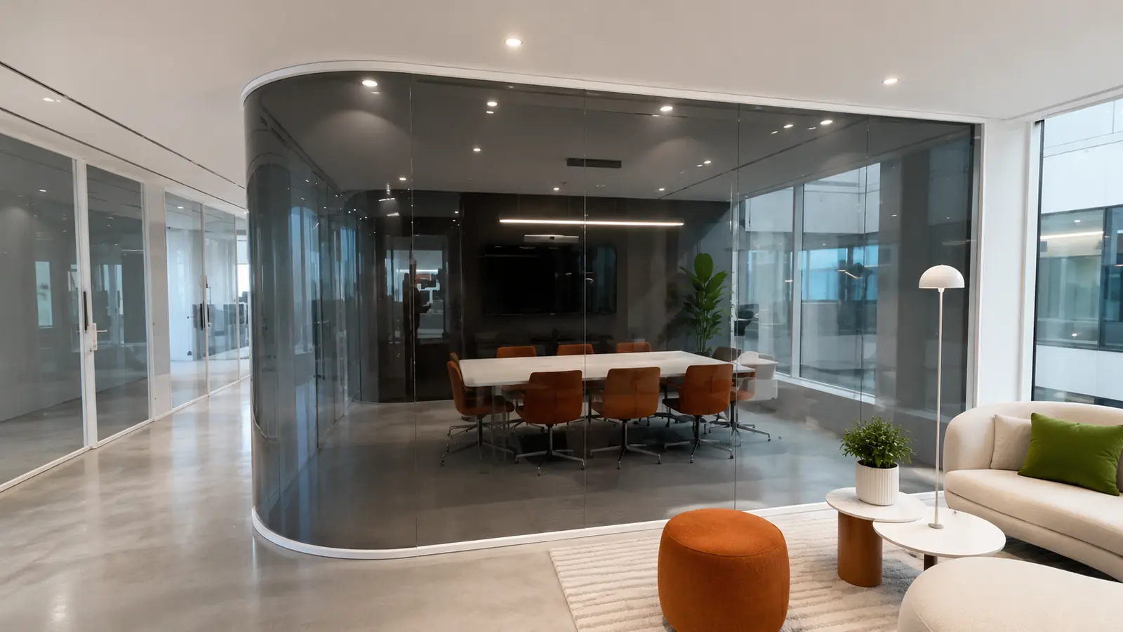 Curved conference room with a controlled privacy glass perimeter