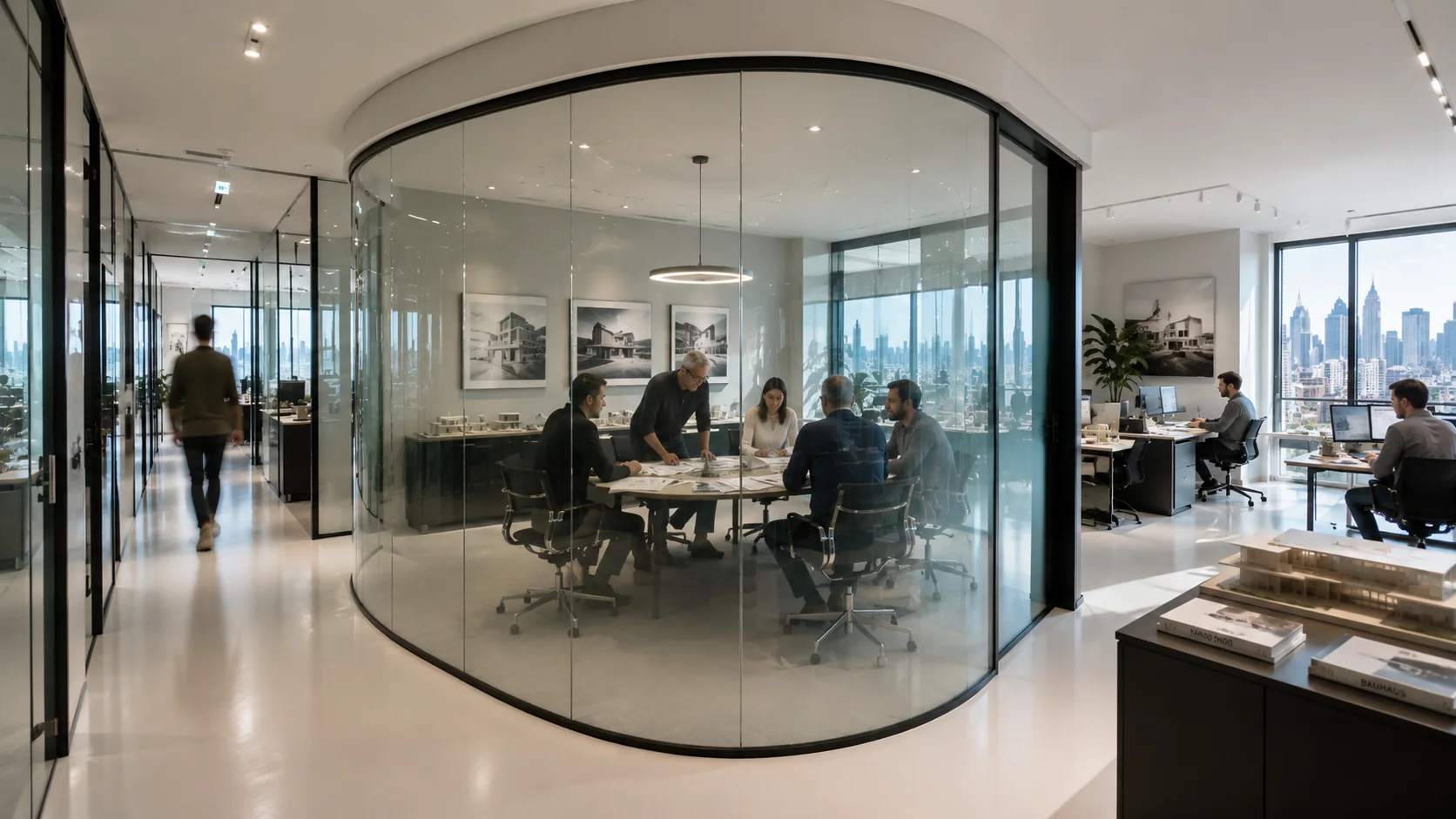 Clear curved glass conference room in a contemporary office