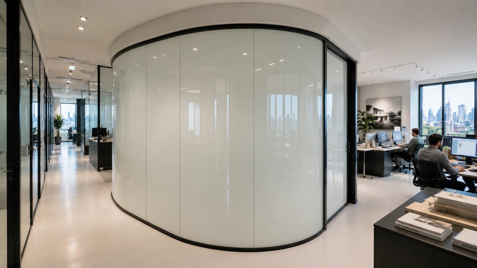 Same curved conference room in translucent privacy mode