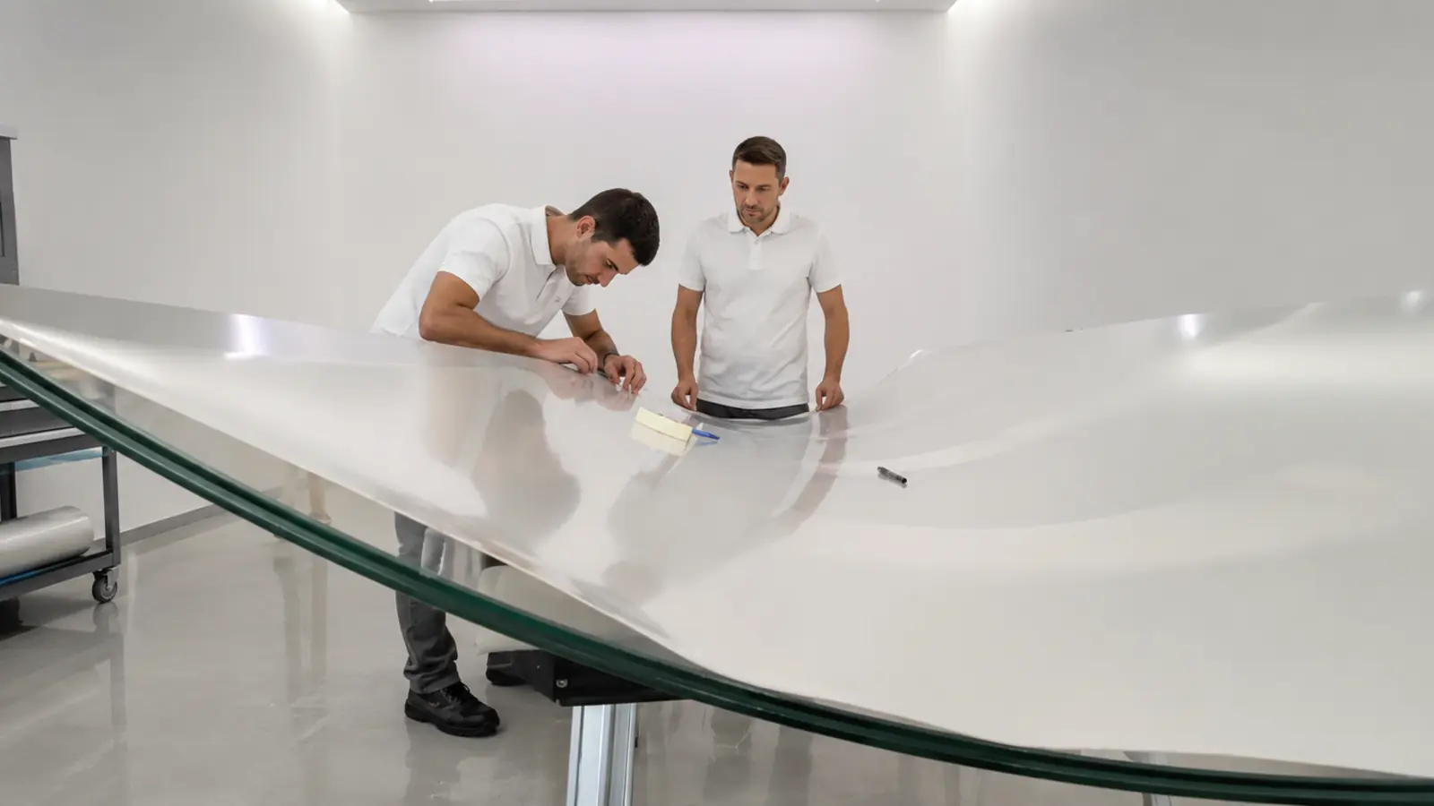 Professional handling of privacy film material for a curved glass application