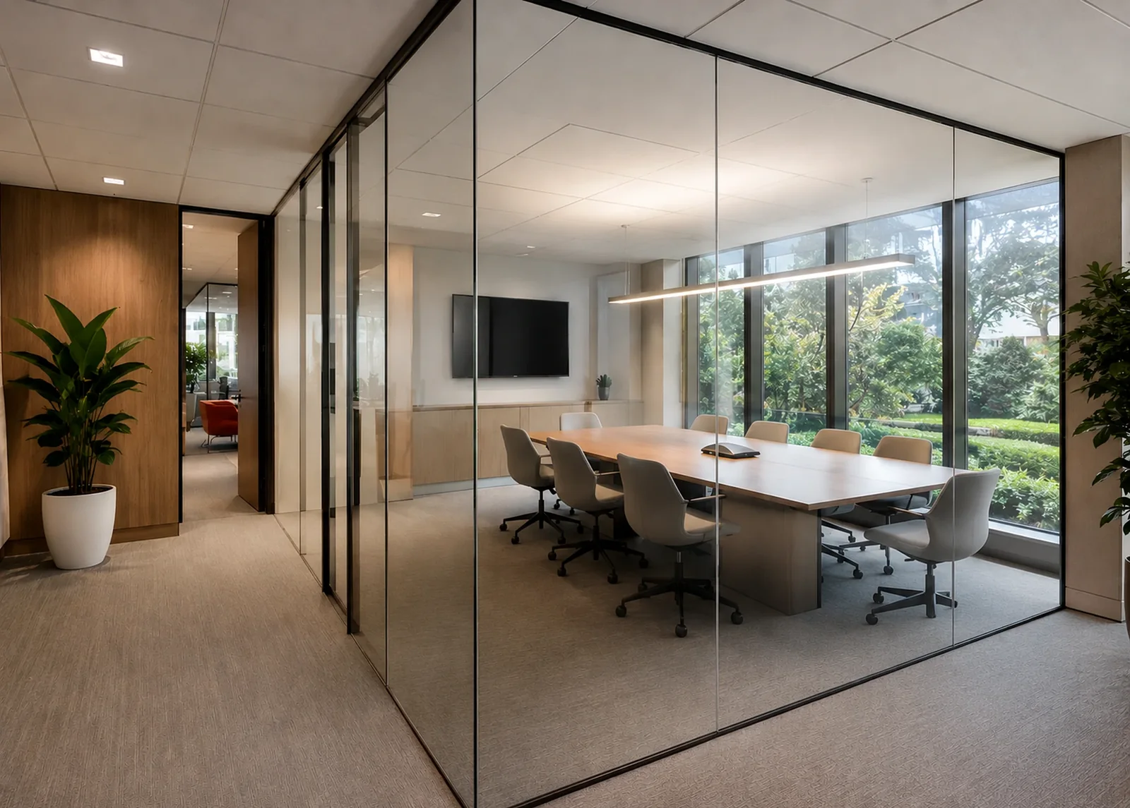 Existing commercial office glass before PDLC smart film retrofit