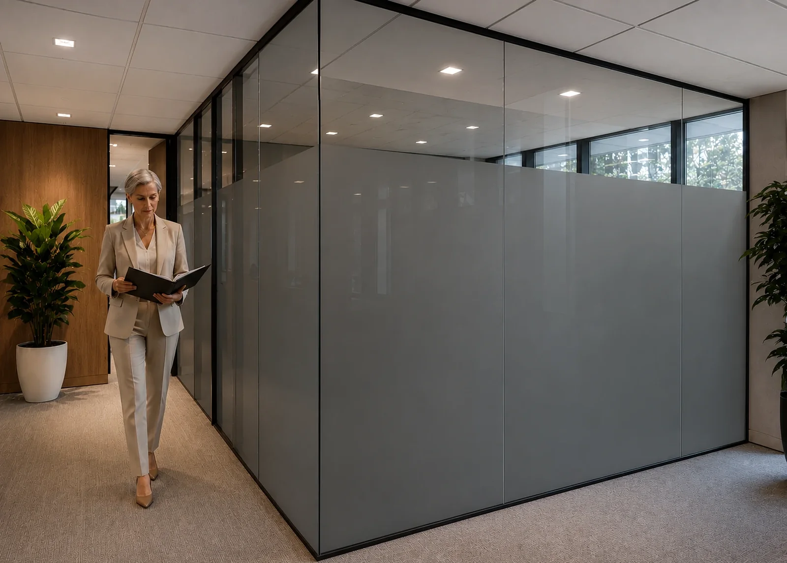 Existing commercial office glass after PDLC smart film privacy retrofit