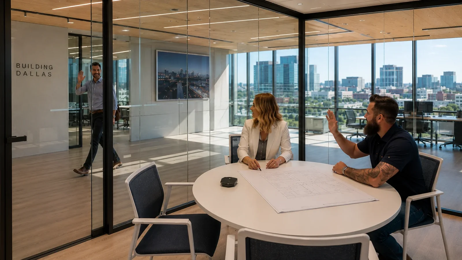 Transparent Dallas office glass wall before PDLC smart glass privacy effect