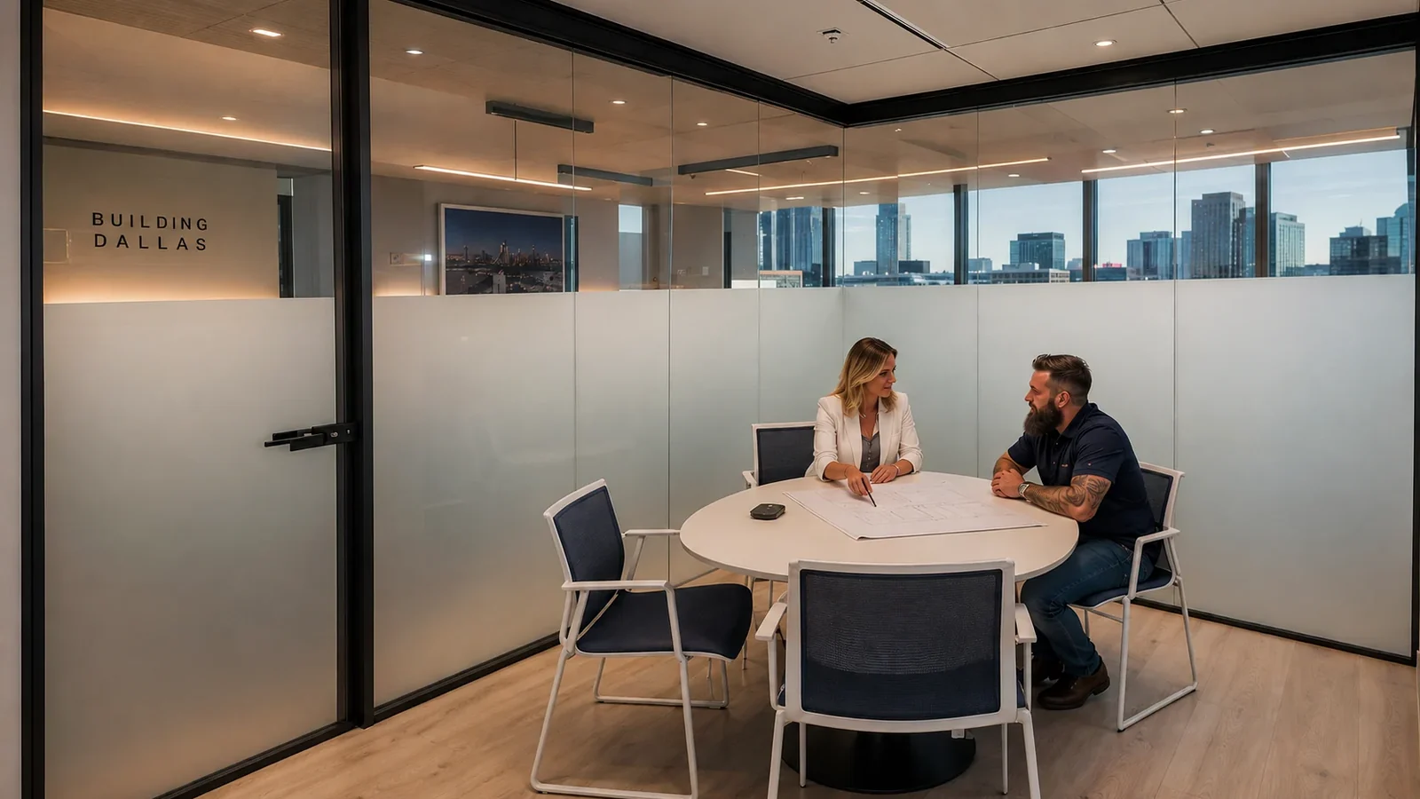 Private Dallas office glass wall with PDLC smart glass privacy effect
