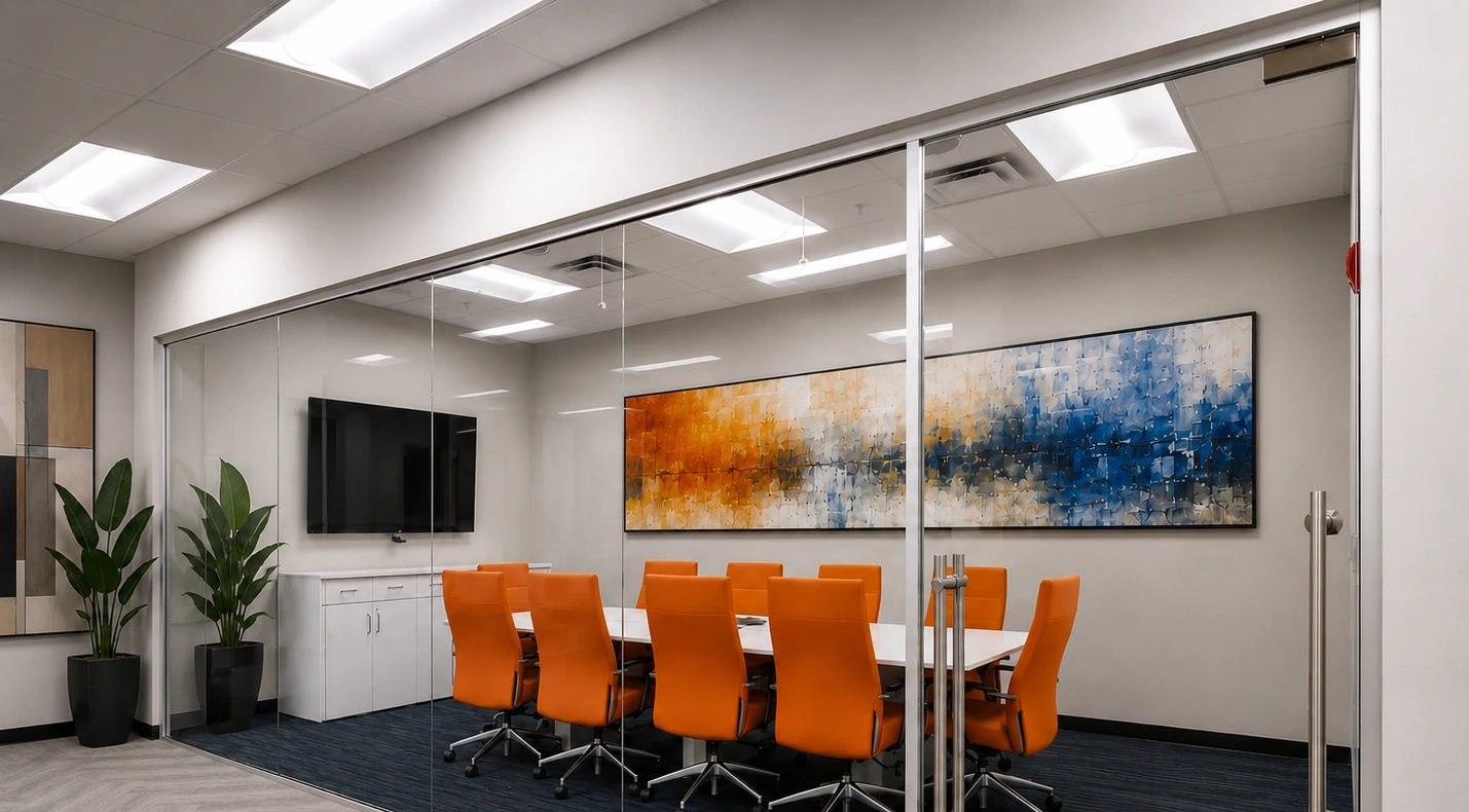 Clear glass wall office application before privacy activation