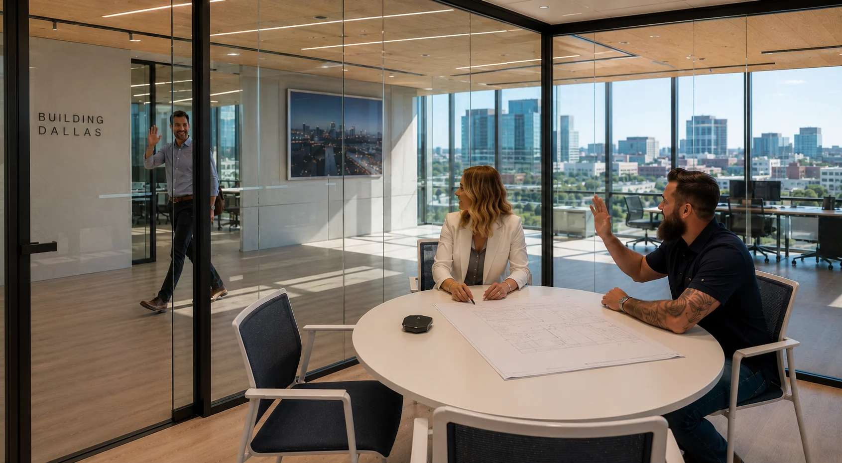 Dallas Fort Worth commercial office glass wall changing from clear glass to privacy glass for B2B smart glass opportunities.