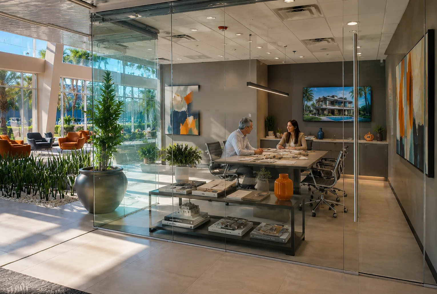 Miami commercial glass environment changing from clear glass to privacy glass for switchable privacy glass projects.