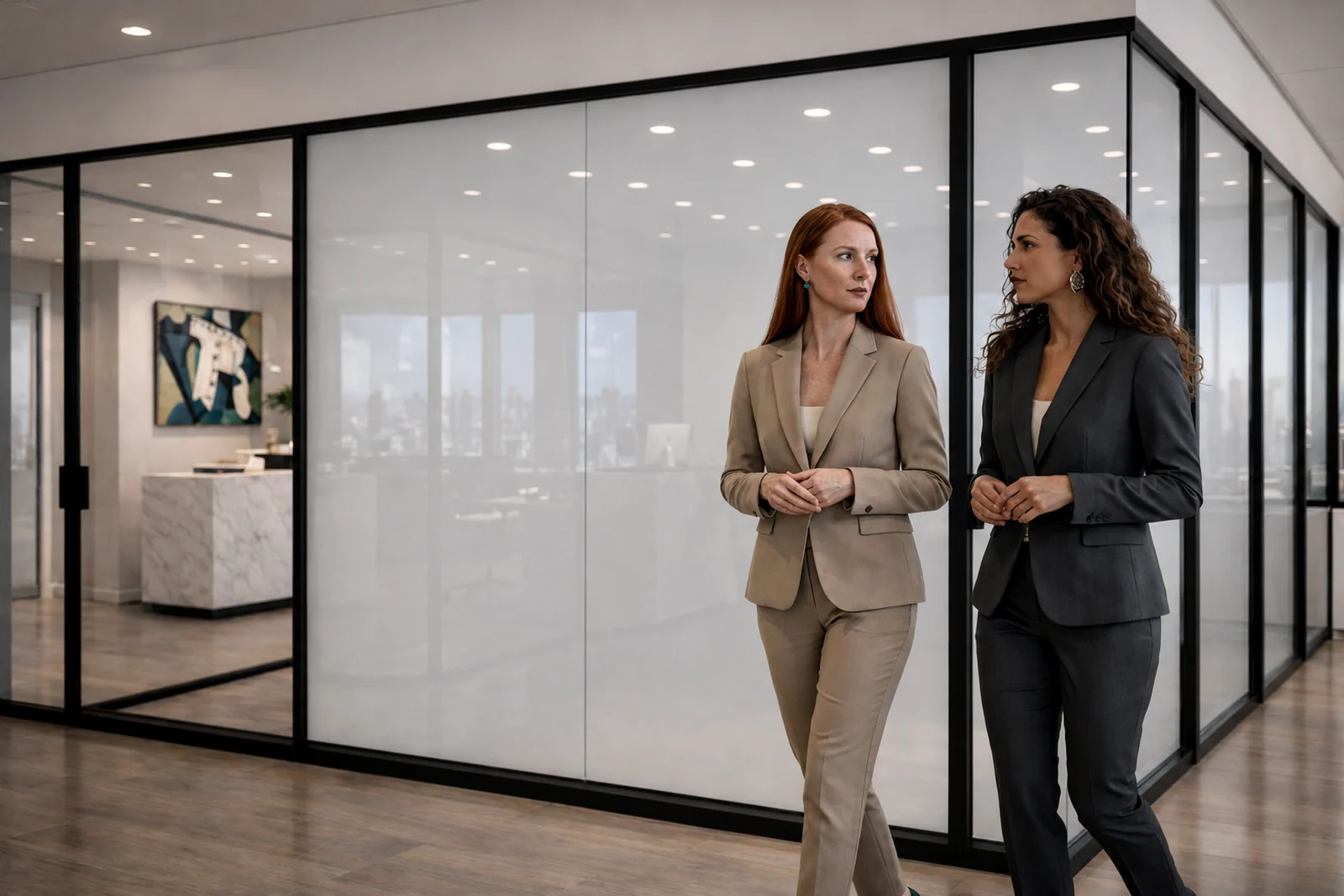Business professionals walking beside switchable privacy glass in a modern office corridor