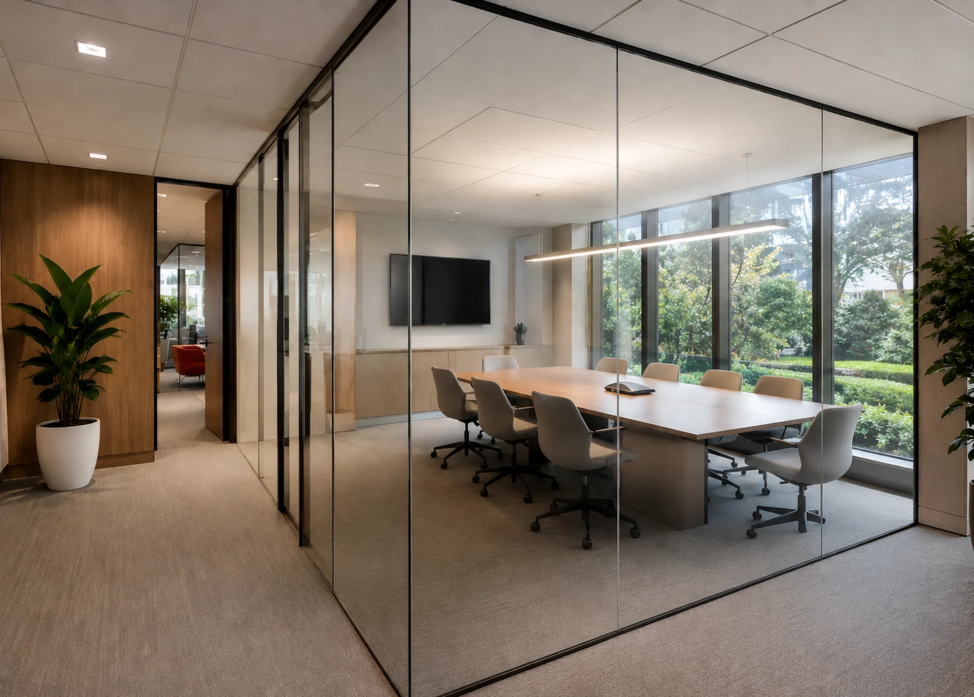 Clear office glass before PDLC smart film privacy activation