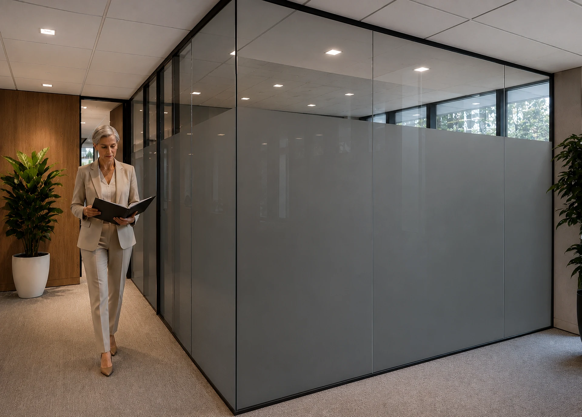 Private office glass after PDLC smart film privacy activation