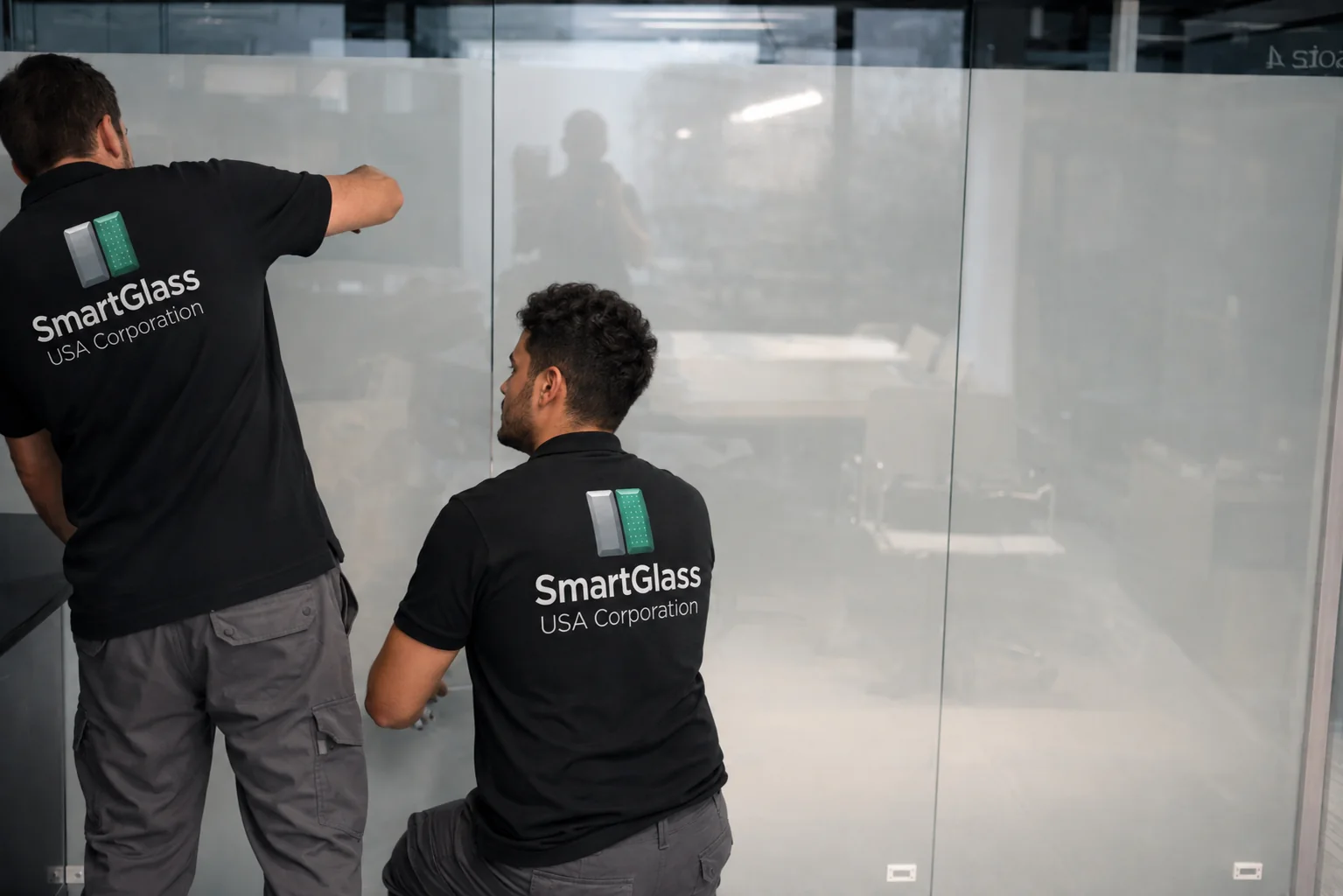 Representative detail of PDLC film installation on a glass partition