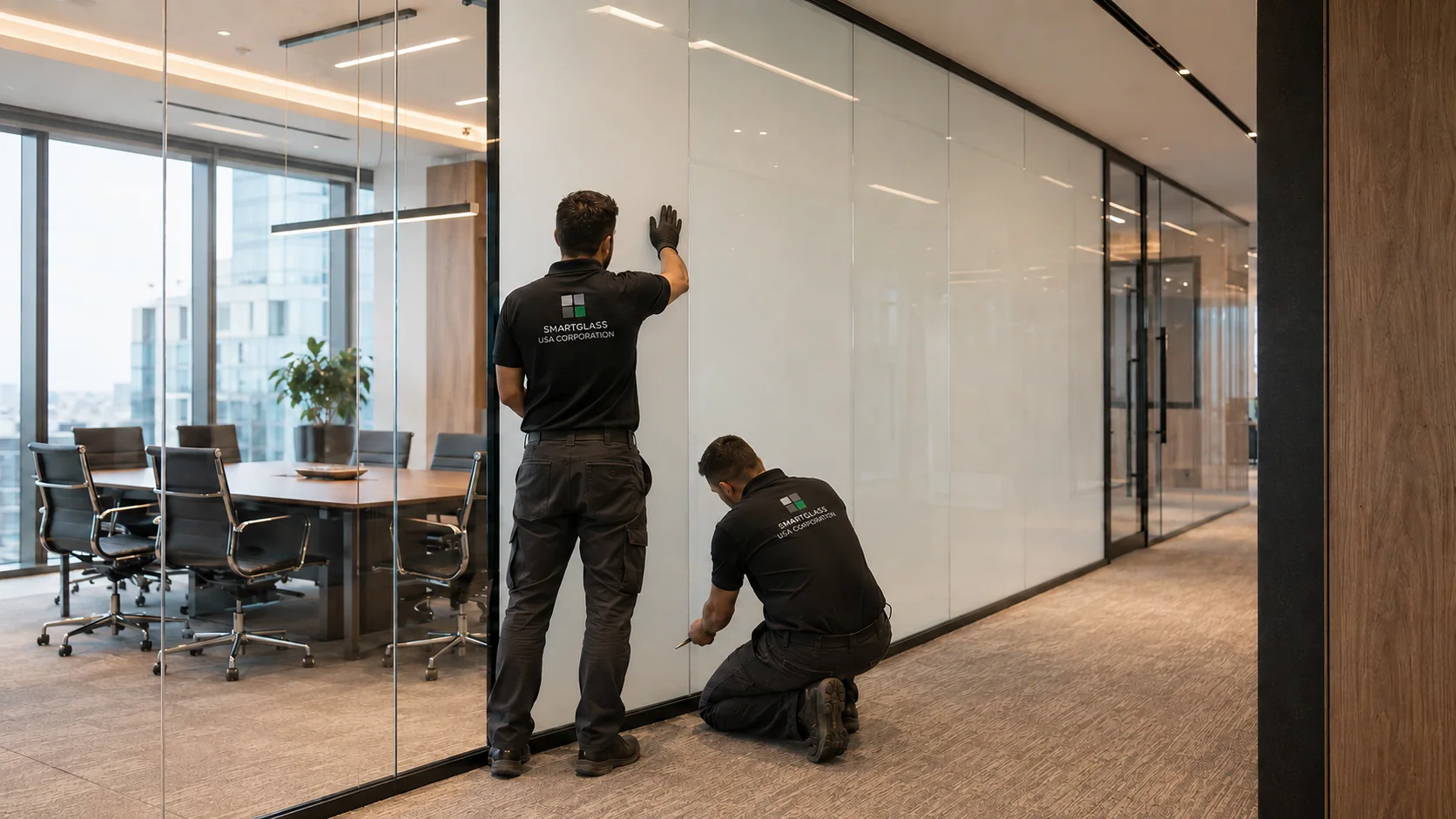 Representative PDLC smart film installation on an existing commercial glass wall