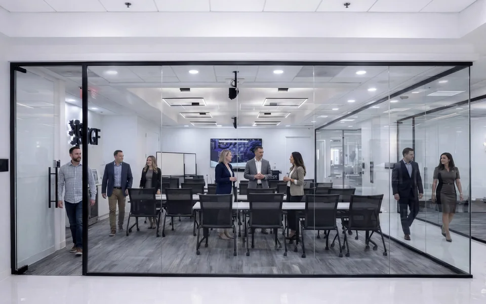 Atlanta boardroom with clear glass before switchable privacy glass is activated