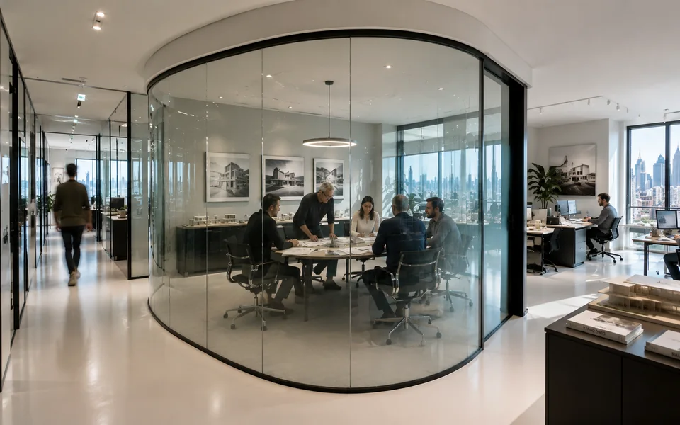 Clear glass wall office in Atlanta designed for corporate smart glass privacy