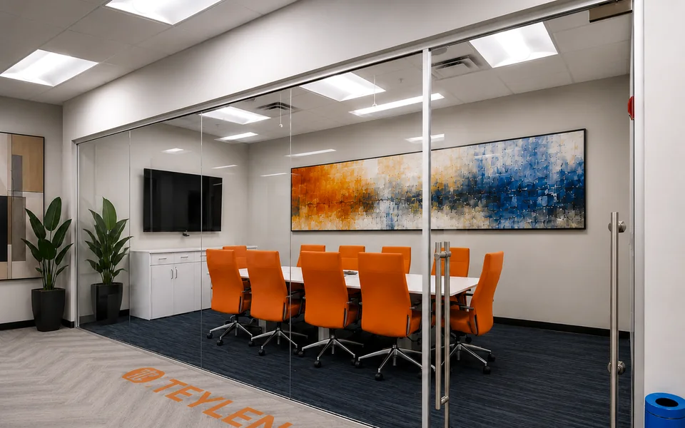 Atlanta commercial glass wall system shown clear before PDLC smart film privacy