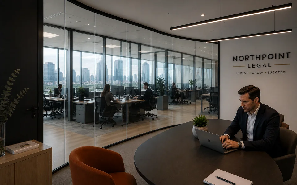 Atlanta legal finance or consulting office with clear glass before privacy glass activation