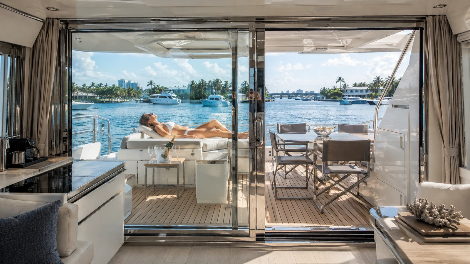 Jacksonville boat interior with clear glass doors and visible marina lights