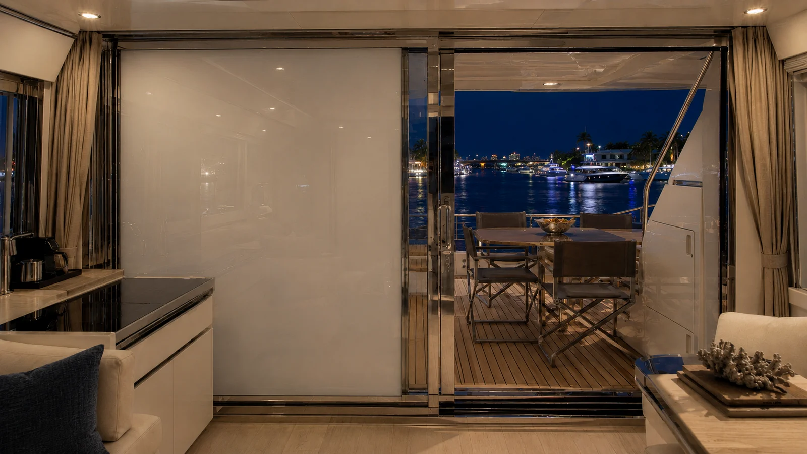 Jacksonville boat interior with PDLC privacy glass activated on selected door glass