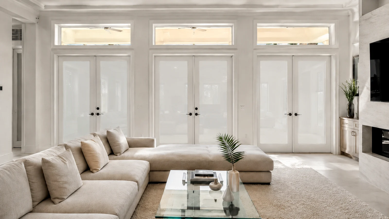 Jacksonville residential room with PDLC privacy glass activated on doors