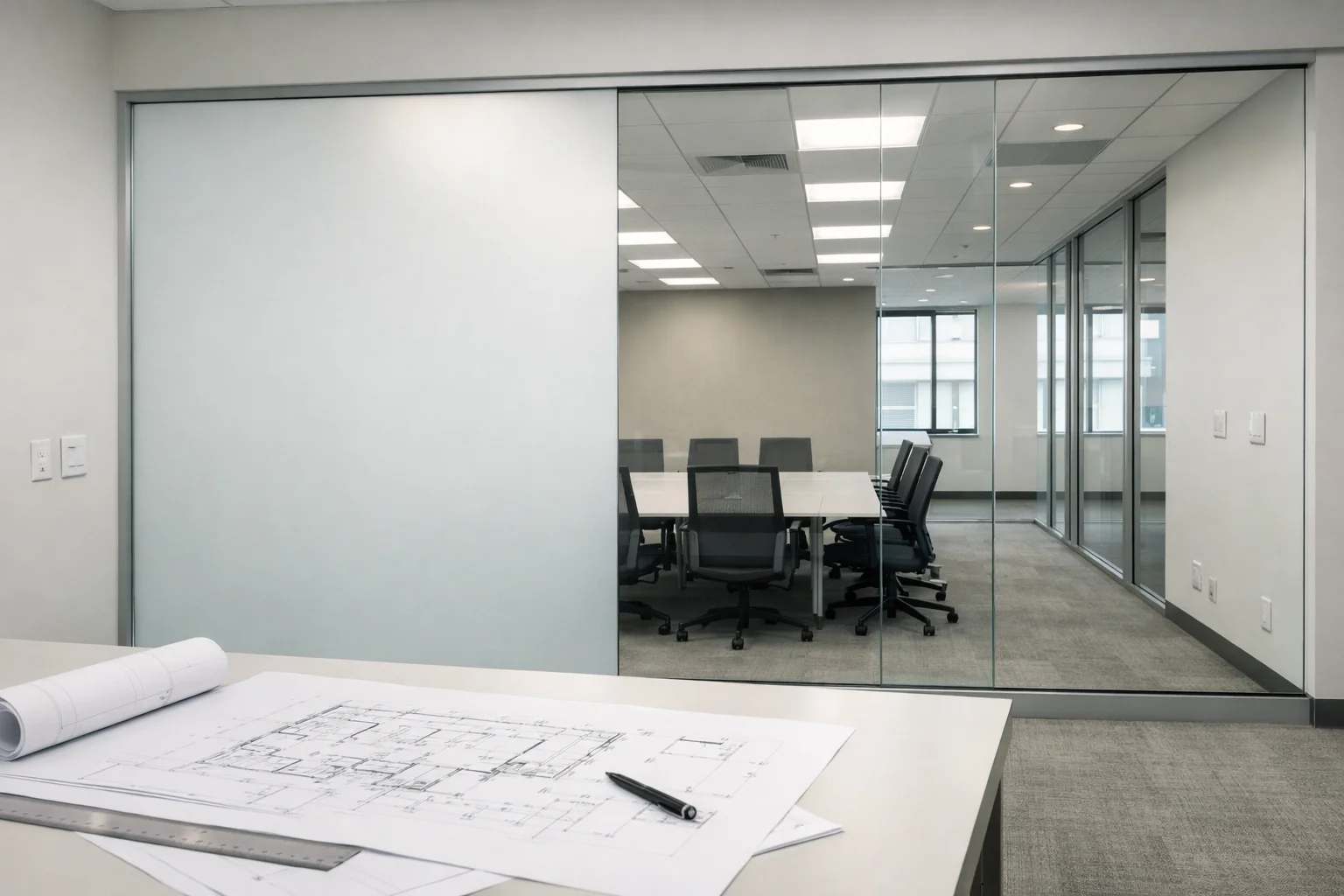 New commercial interior with a glass conference-room partition, planning documents, and a softly frosted switchable privacy glass panel.