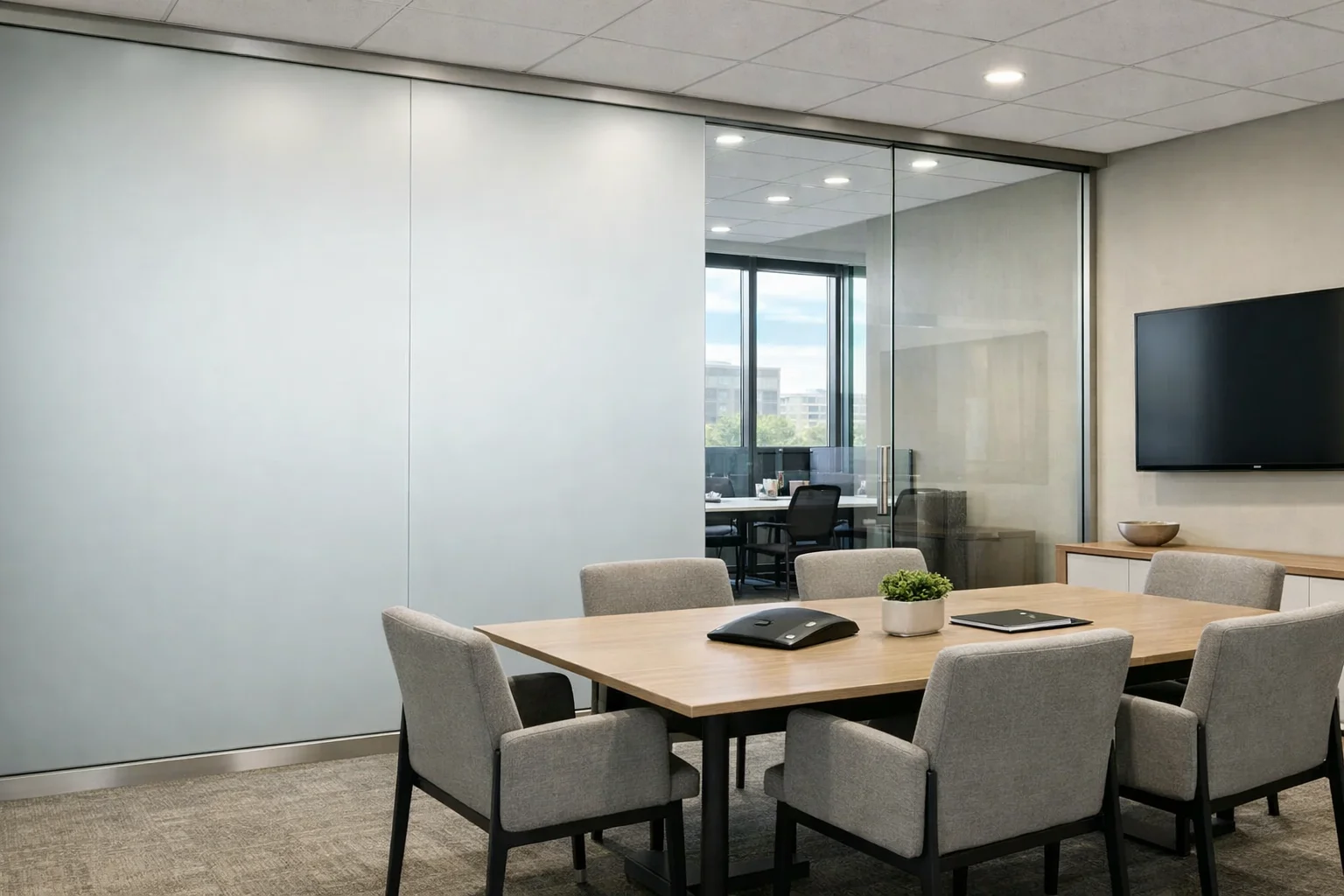 Modern office conference room with an interior glass partition in a frosted privacy state.