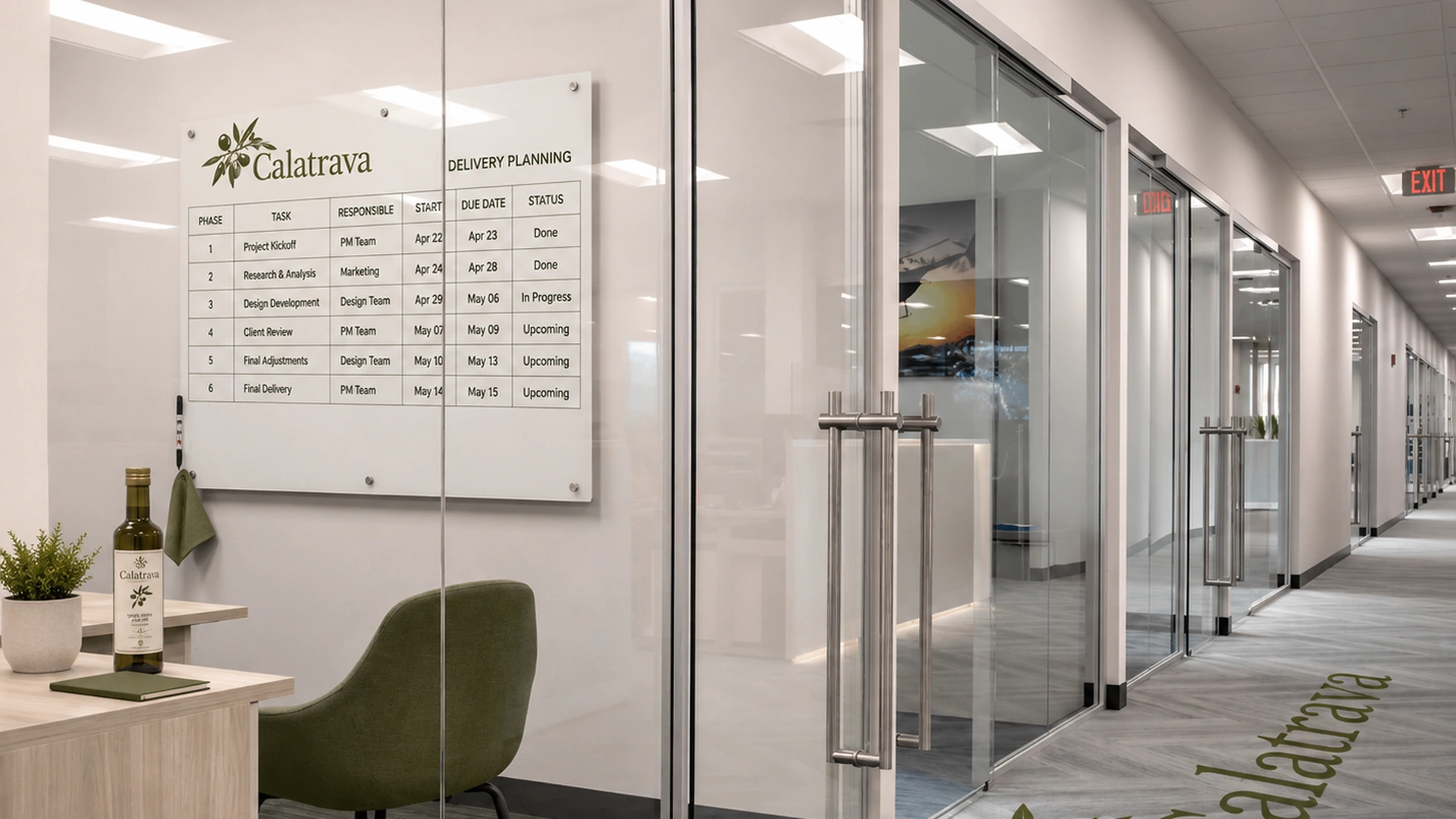 Existing office glass walls in clear state before PDLC smart film privacy is activated