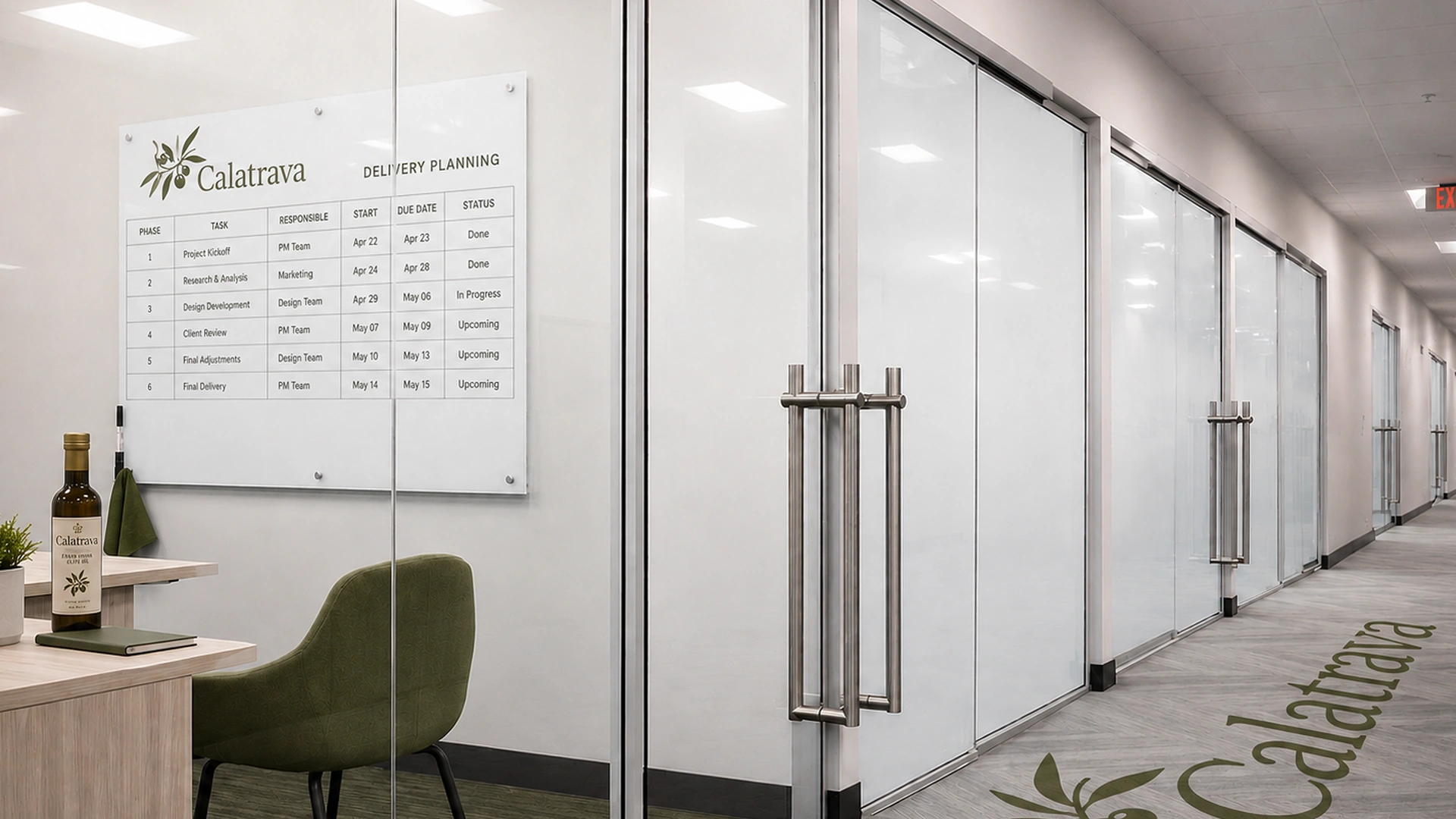 Existing office glass walls with PDLC smart film switched to privacy state