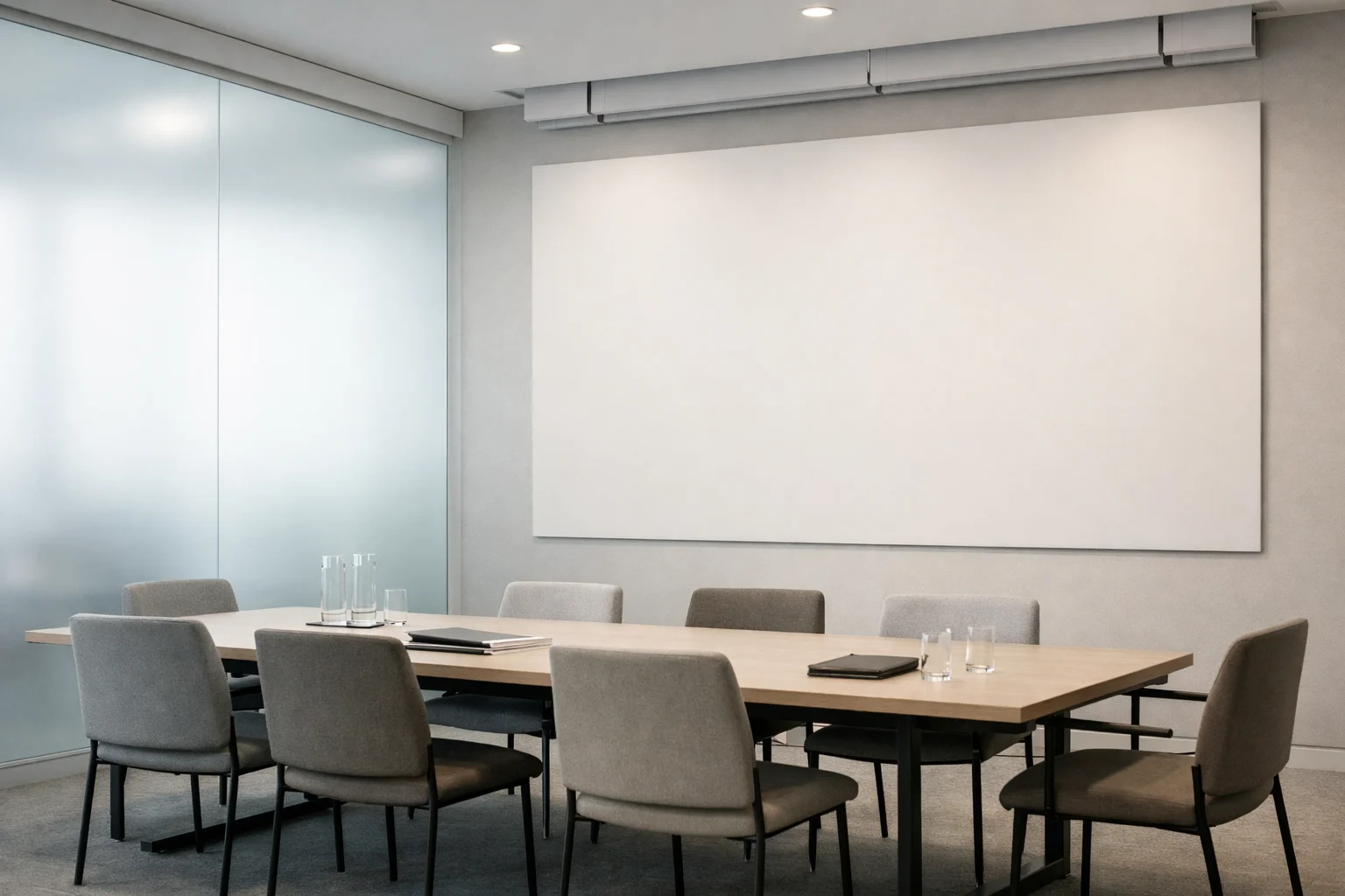 Contemporary presentation room with a frosted switchable glass wall and discreet shades.