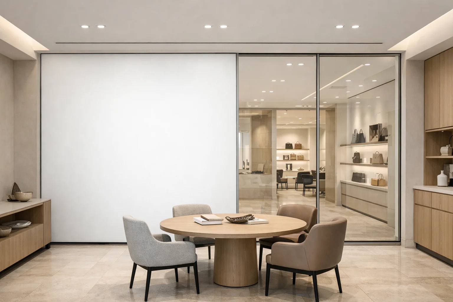 Contemporary retail consultation area with a frosted switchable privacy glass partition beside a transparent glass panel.