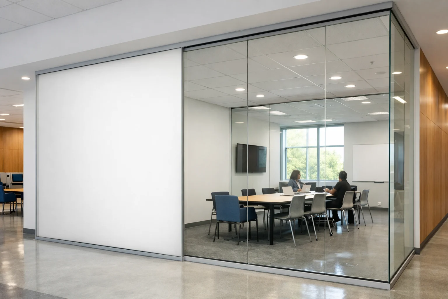 Contemporary school interior with glass meeting-room partitions shown in transparent and frosted privacy states.